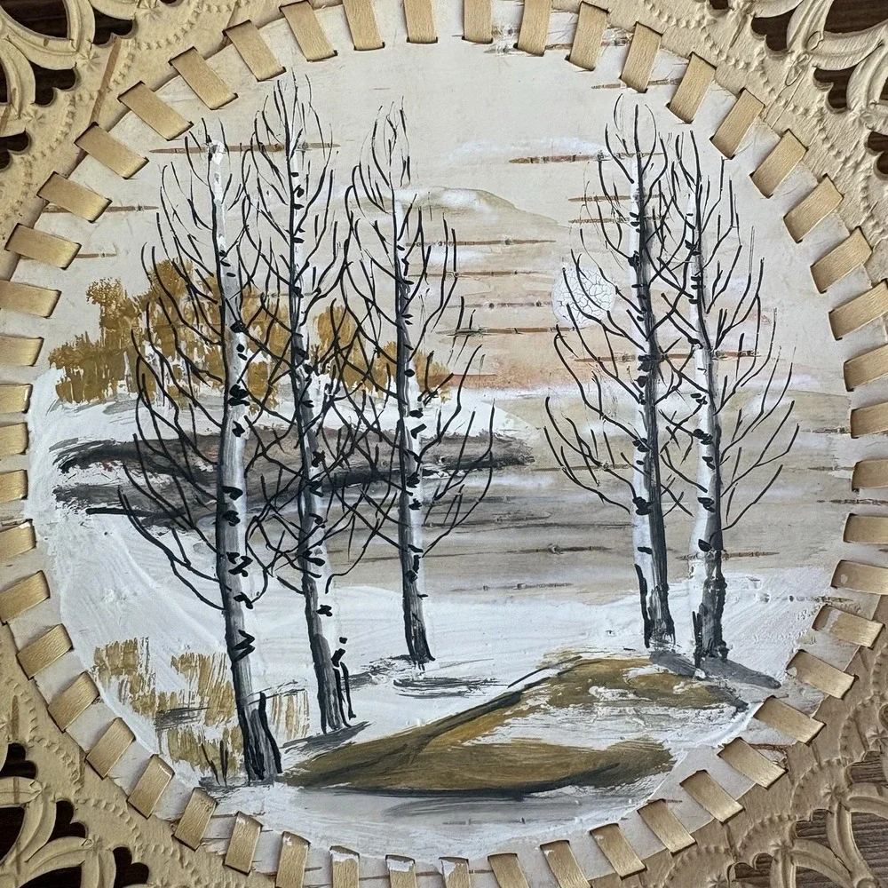 Vintage Russian Birch Bark Wicker Wall Plate Hand Painted Winter Landscape Decor